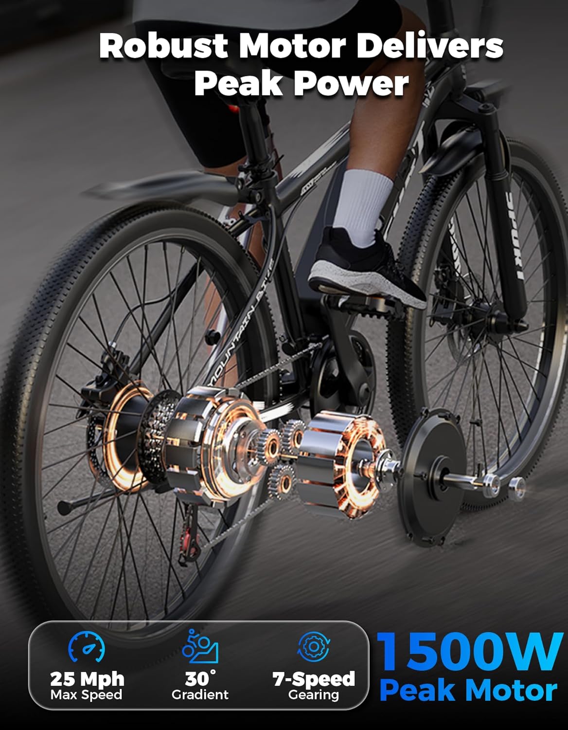 Electric Bike for Adults, 1500W Peak Mountain Ebike with 28 MPH, 65 Miles Range, 7 Speeds